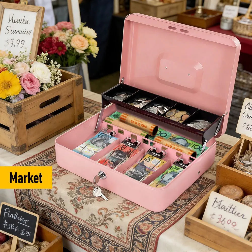 Cash Box With Security Locker And Security Cable, Money Box/Cash Tin With Money Tray For Saving Organizer-Pink - Image 7