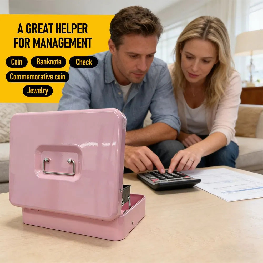 Cash Box With Security Locker And Security Cable, Money Box/Cash Tin With Money Tray For Saving Organizer-Pink - Image 8