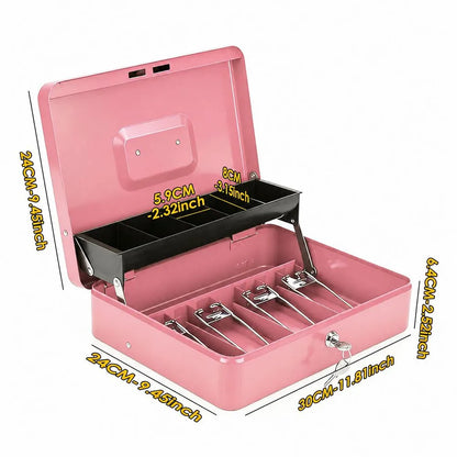 Cash Box With Security Locker And Security Cable, Money Box/Cash Tin With Money Tray For Saving Organizer-Pink - Image 9
