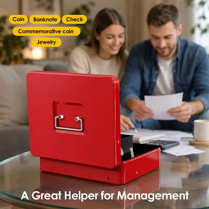 Cash Box With Security Locker And Security Cable, Money Box/Cash Tin With Money Tray For Saving Organizer-Red - Image 2