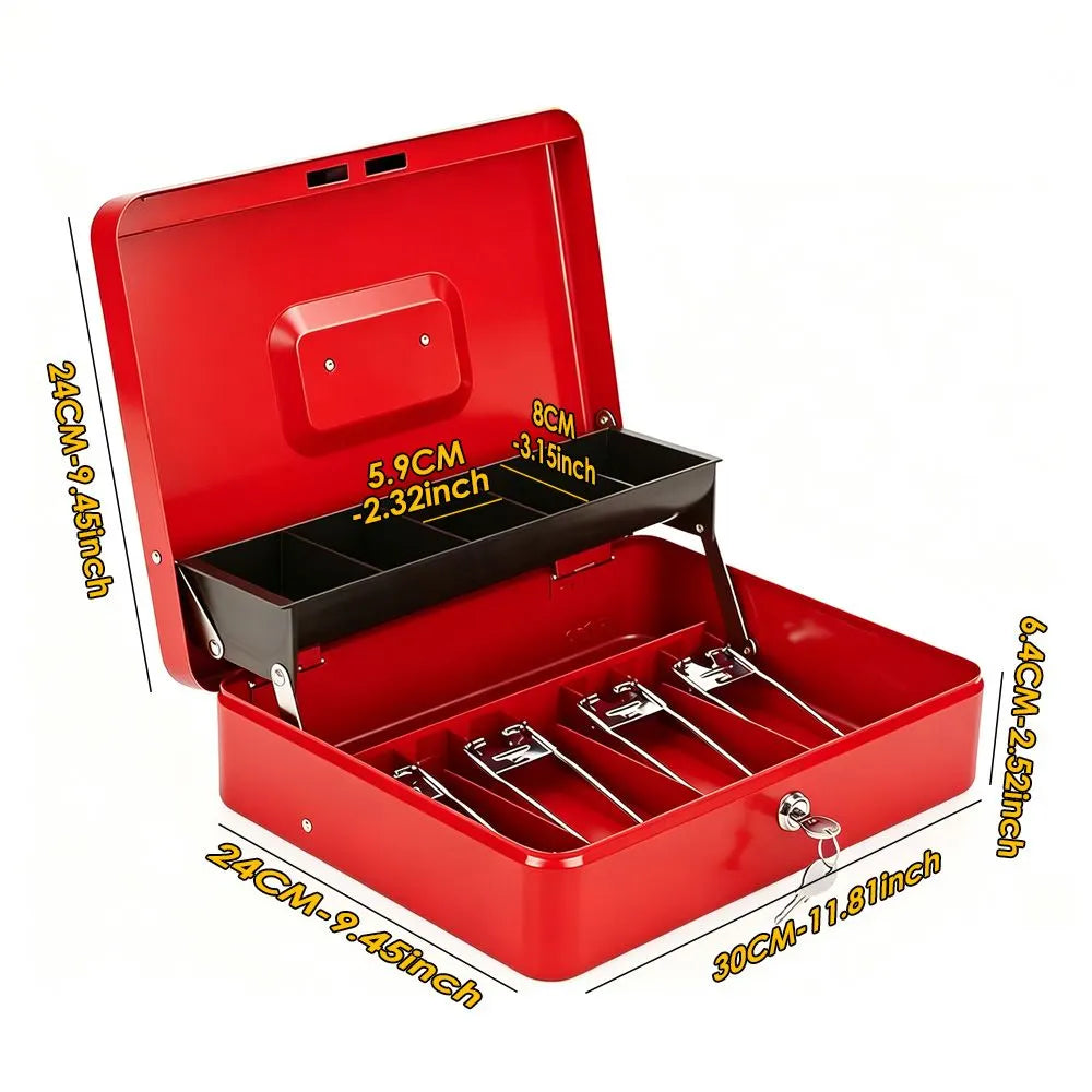 Cash Box With Security Locker And Security Cable, Money Box/Cash Tin With Money Tray For Saving Organizer-Red - Image 3