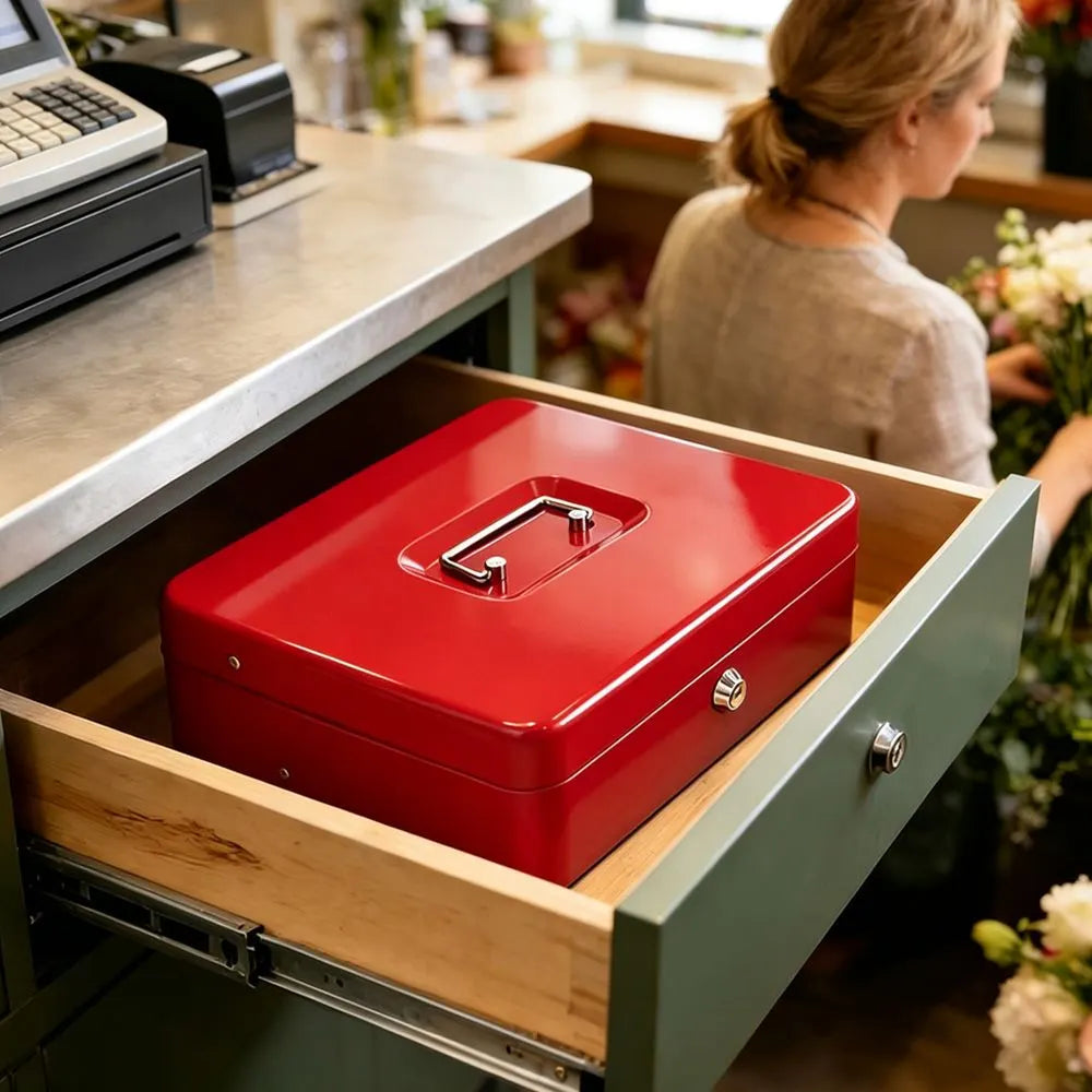 Cash Box With Security Locker And Security Cable, Money Box/Cash Tin With Money Tray For Saving Organizer-Red - Image 4