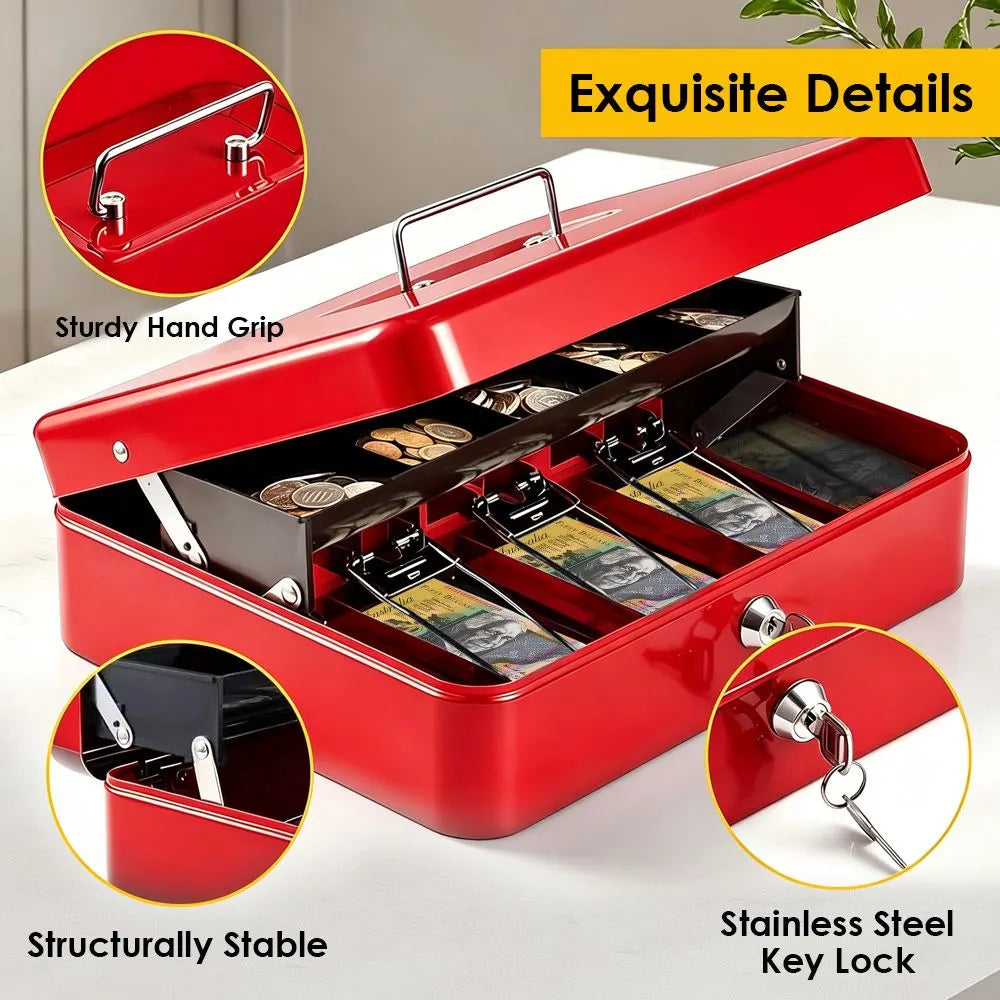 Cash Box With Security Locker And Security Cable, Money Box/Cash Tin With Money Tray For Saving Organizer-Red - Image 5