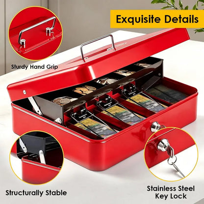 Cash Box With Security Locker And Security Cable, Money Box/Cash Tin With Money Tray For Saving Organizer-Red - Image 5