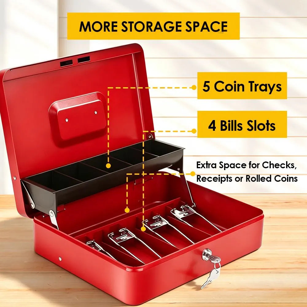 Cash Box With Security Locker And Security Cable, Money Box/Cash Tin With Money Tray For Saving Organizer-Red - Image 6