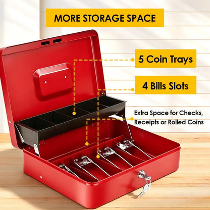 Cash Box With Security Locker And Security Cable, Money Box/Cash Tin With Money Tray For Saving Organizer-Red - Image 6