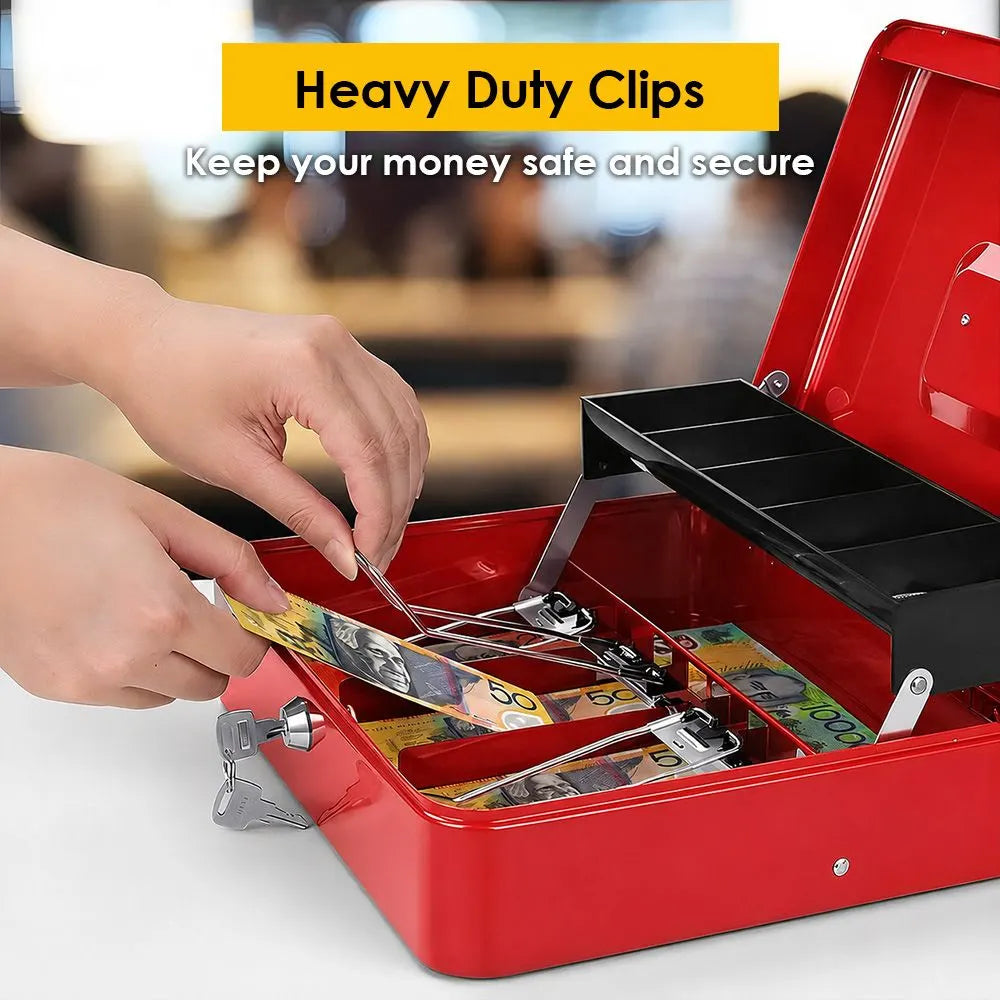 Cash Box With Security Locker And Security Cable, Money Box/Cash Tin With Money Tray For Saving Organizer-Red - Image 7