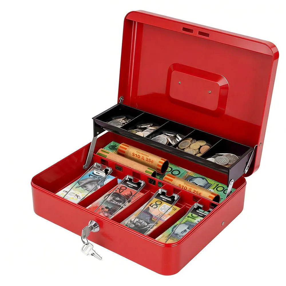 Cash Box With Security Locker And Security Cable, Money Box/Cash Tin With Money Tray For Saving Organizer-Red - Image 9