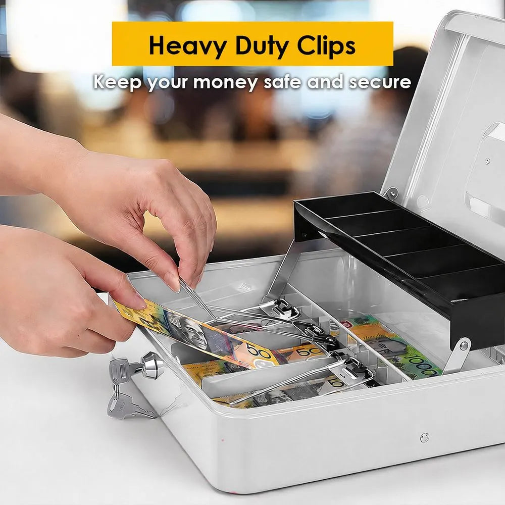 Cash Box With Security Locker And Security Cable, Money Box/Cash Tin With Money Tray For Saving Organizer-White - Image 2