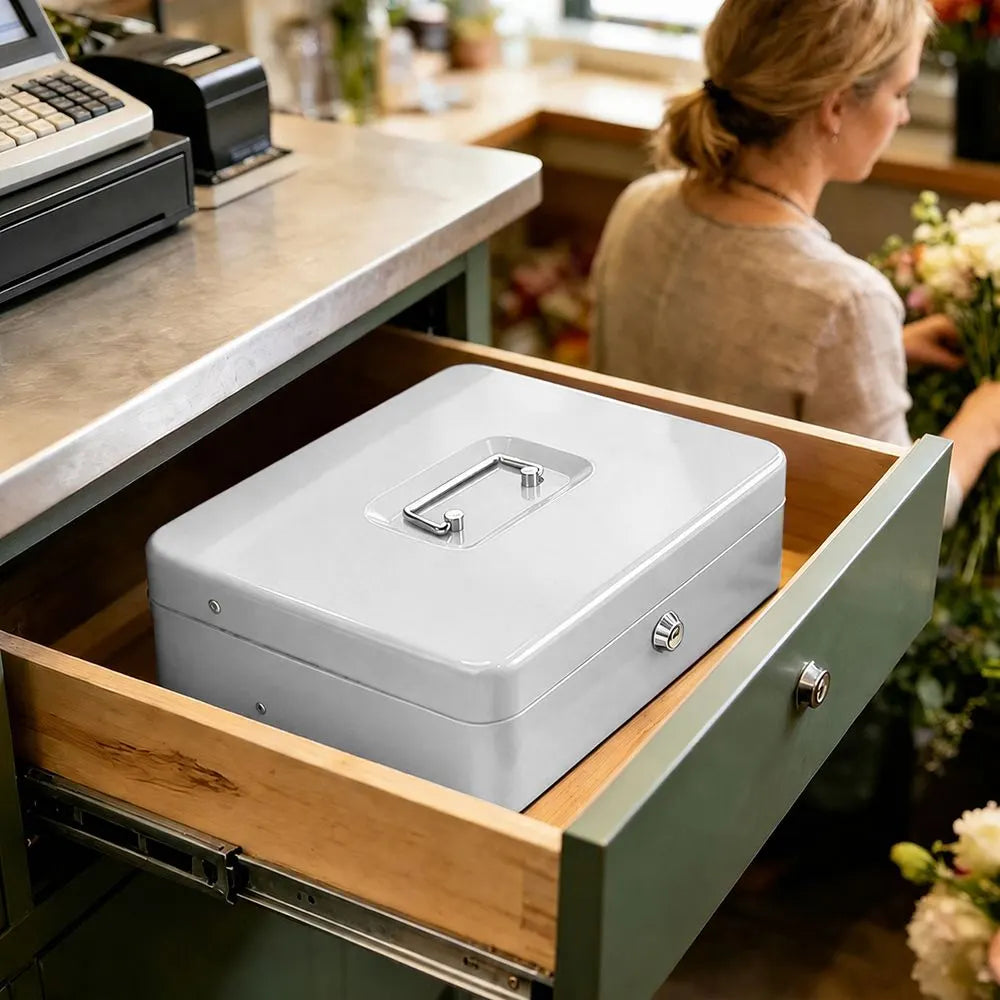 Cash Box With Security Locker And Security Cable, Money Box/Cash Tin With Money Tray For Saving Organizer-White - Image 4