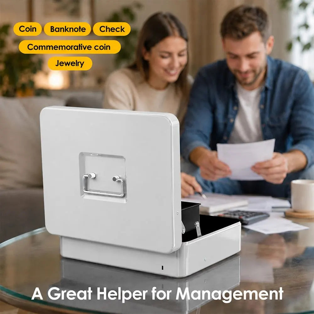 Cash Box With Security Locker And Security Cable, Money Box/Cash Tin With Money Tray For Saving Organizer-White - Image 5
