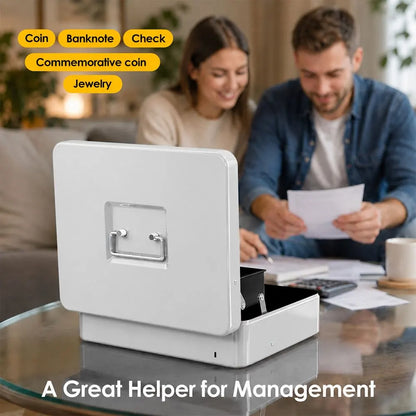 Cash Box With Security Locker And Security Cable, Money Box/Cash Tin With Money Tray For Saving Organizer-White - Image 5