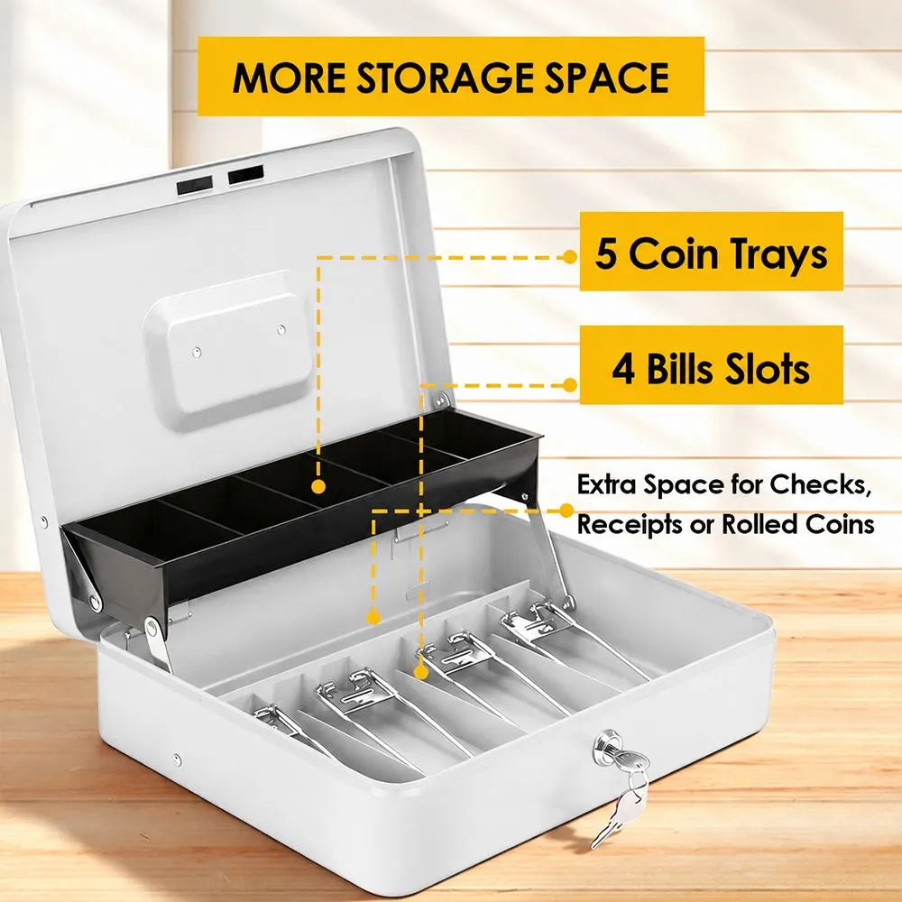 Cash Box With Security Locker And Security Cable, Money Box/Cash Tin With Money Tray For Saving Organizer-White - Image 7