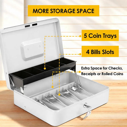 Cash Box With Security Locker And Security Cable, Money Box/Cash Tin With Money Tray For Saving Organizer-White - Image 7