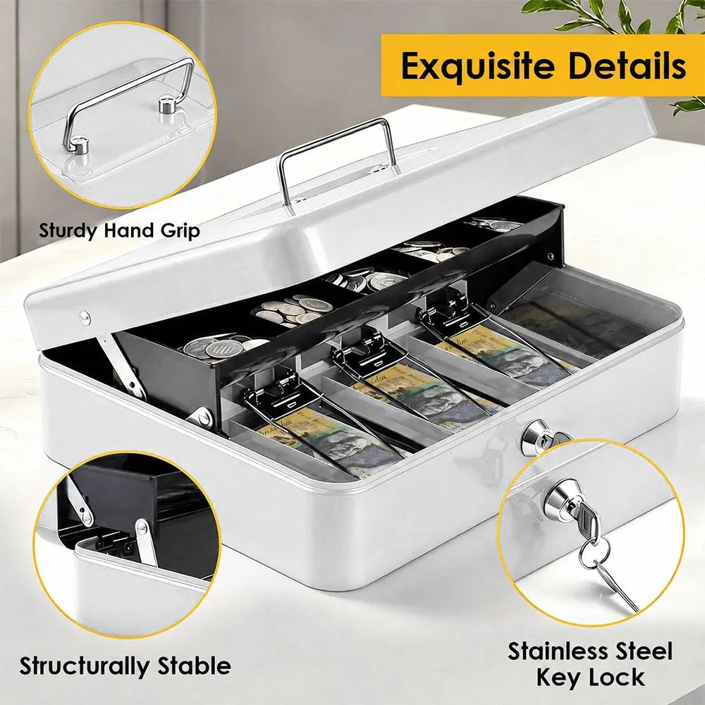 Cash Box With Security Locker And Security Cable, Money Box/Cash Tin With Money Tray For Saving Organizer-White - Image 8