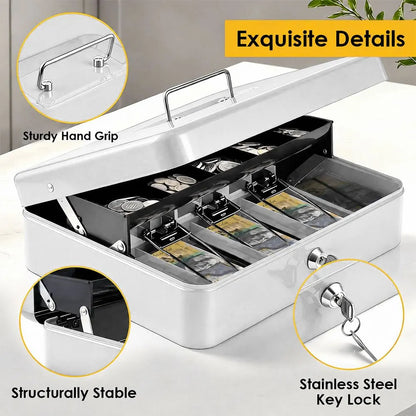 Cash Box With Security Locker And Security Cable, Money Box/Cash Tin With Money Tray For Saving Organizer-White - Image 8