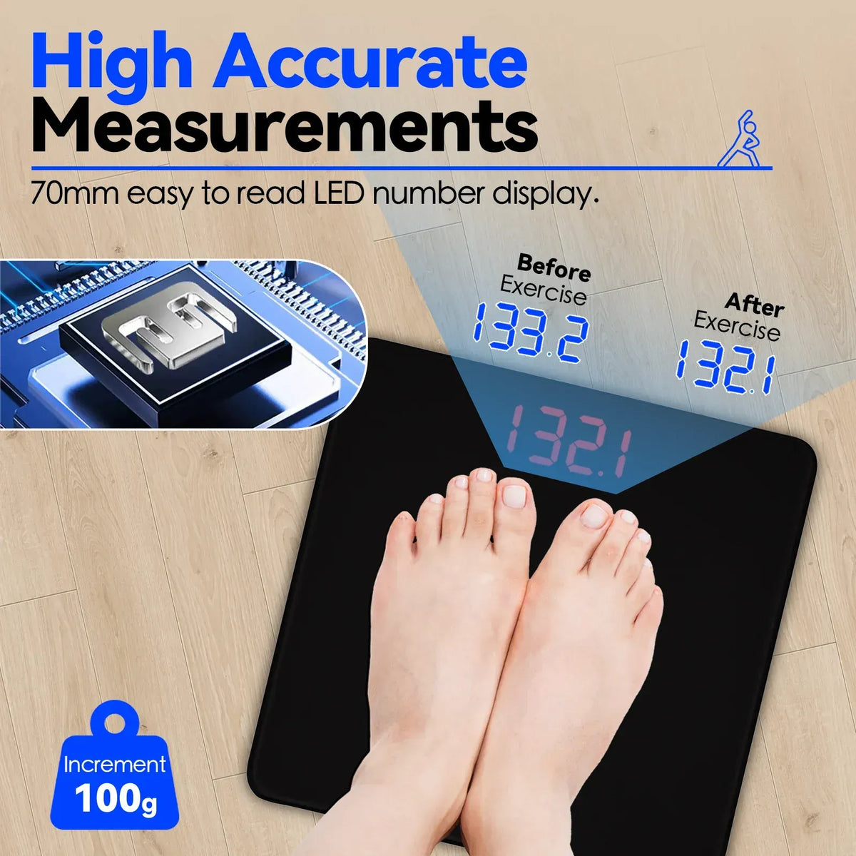Aumerage Digital Glass Bathroom Scale 180kg 26x26cm LED 100g Auto-On kg/lb - Image 2