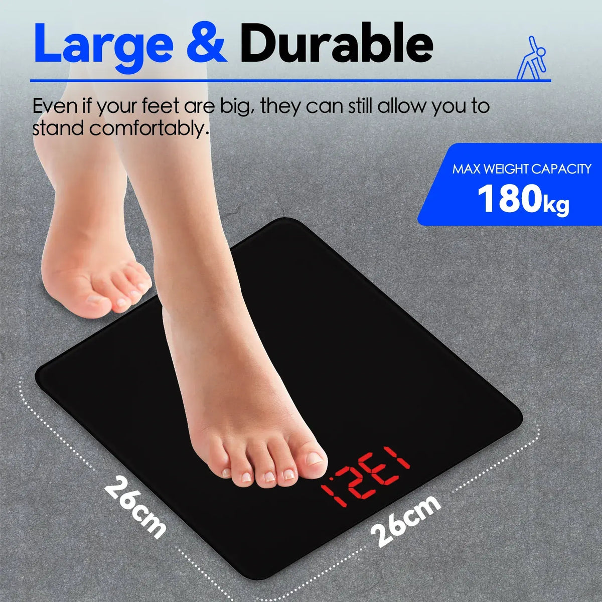 Aumerage Digital Glass Bathroom Scale 180kg 26x26cm LED 100g Auto-On kg/lb - Image 3
