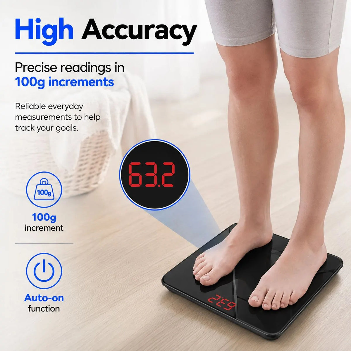 Aumerage Digital Glass Bathroom Scale 180kg 26x26cm LED 100g Auto-On kg/lb - Image 8