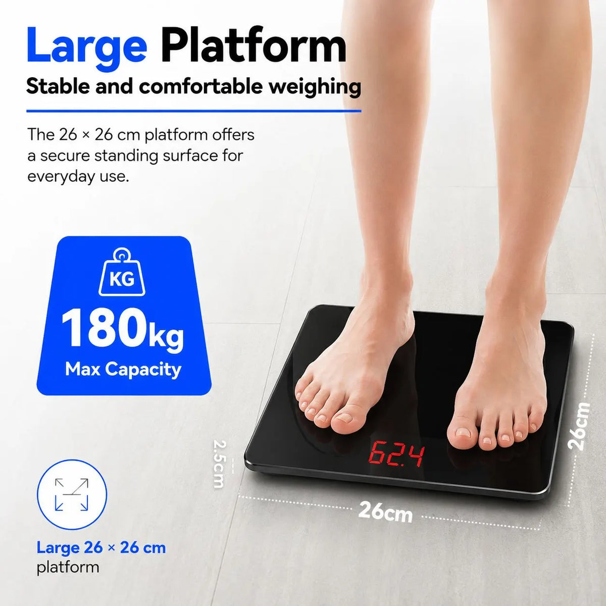 Aumerage Digital Glass Bathroom Scale 180kg 26x26cm LED 100g Auto-On kg/lb - Image 9