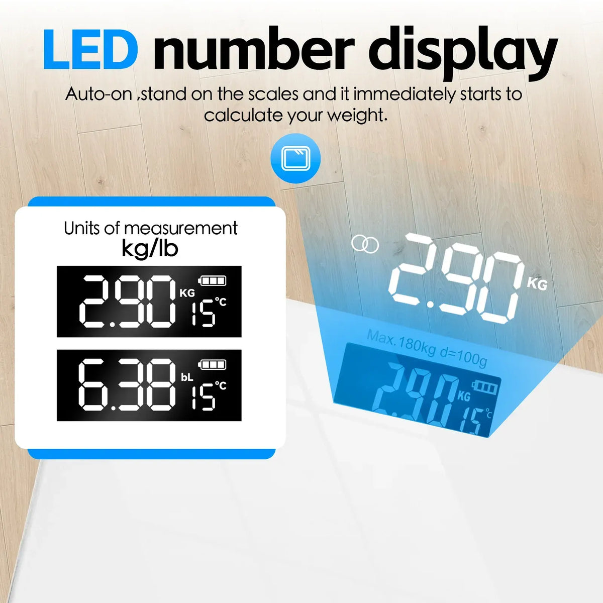 Aumerage Digital Glass Bathroom Scale 180kg Tempered Glass LED Display kg/lb Weight Scale26 x 26 x 2.5cm - Image 3