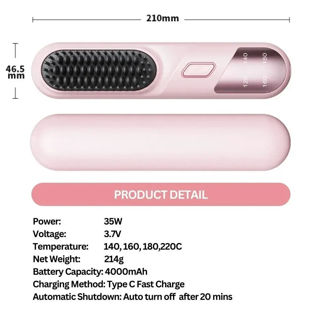 Cordless Hair Straightener Brush Portable Mini Ionic Straightening Comb 4000mAh-Black - Image 2