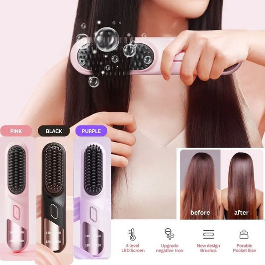 Cordless Hair Straightener Brush Portable Mini Ionic Straightening Comb 4000mAh-Purple