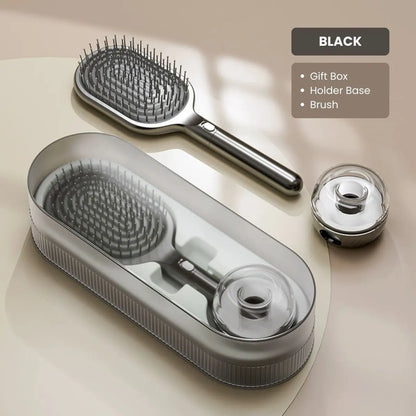 Air Cushion Massage Hair Brush Set with Wall Mount Holder Base - Black