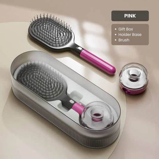 Air Cushion Massage Hair Brush Set with Wall Mount Holder Base - Pink