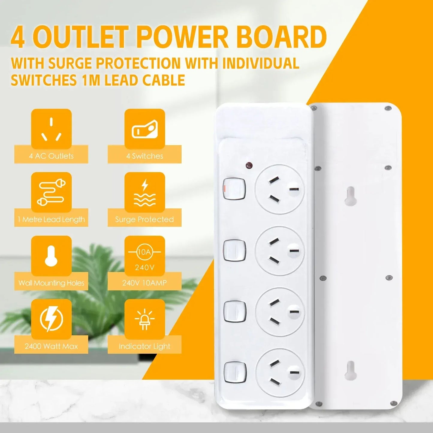 4 Outlet Power Board With Surge Protection with Individual Switches 1M Lead Cable - Image 4