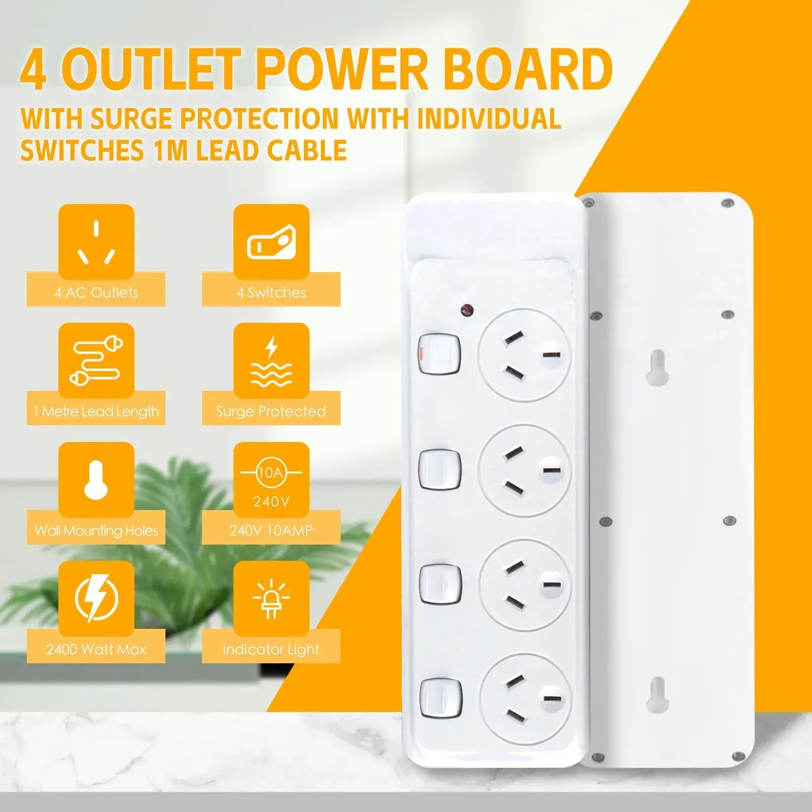 4 Outlet Power Board With Surge Protection with Individual Switches 1M Lead Cable - Image 4