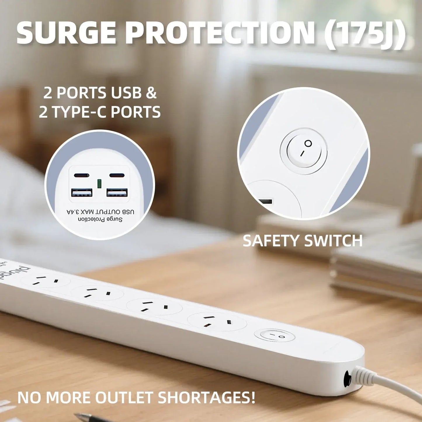 6 Outlet Powerboard With Surge Protection and Dual USB Charger 1M Lead Cable - Image 4