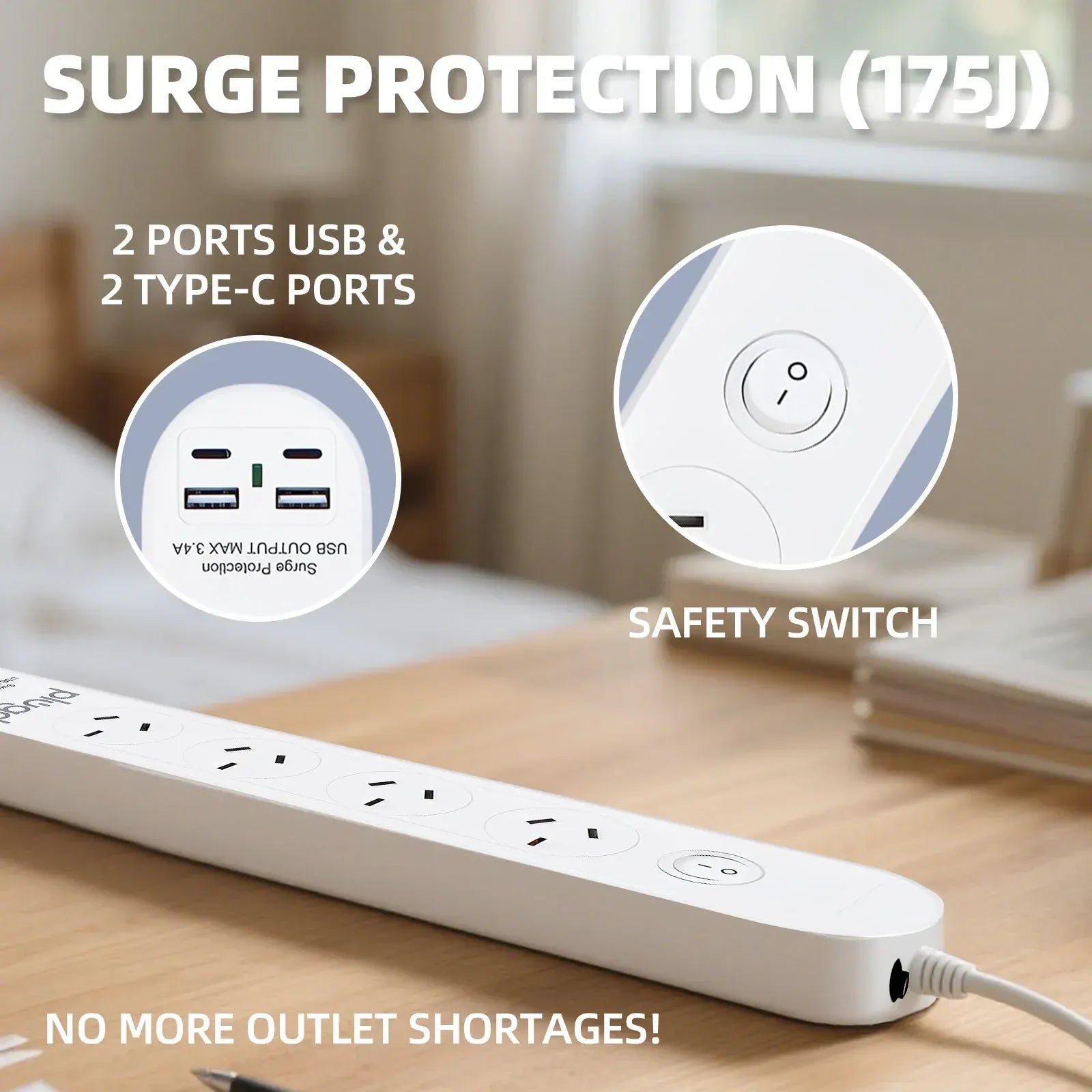 6 Outlet Powerboard With Surge Protection and Dual USB Charger 1M Lead Cable - Image 4