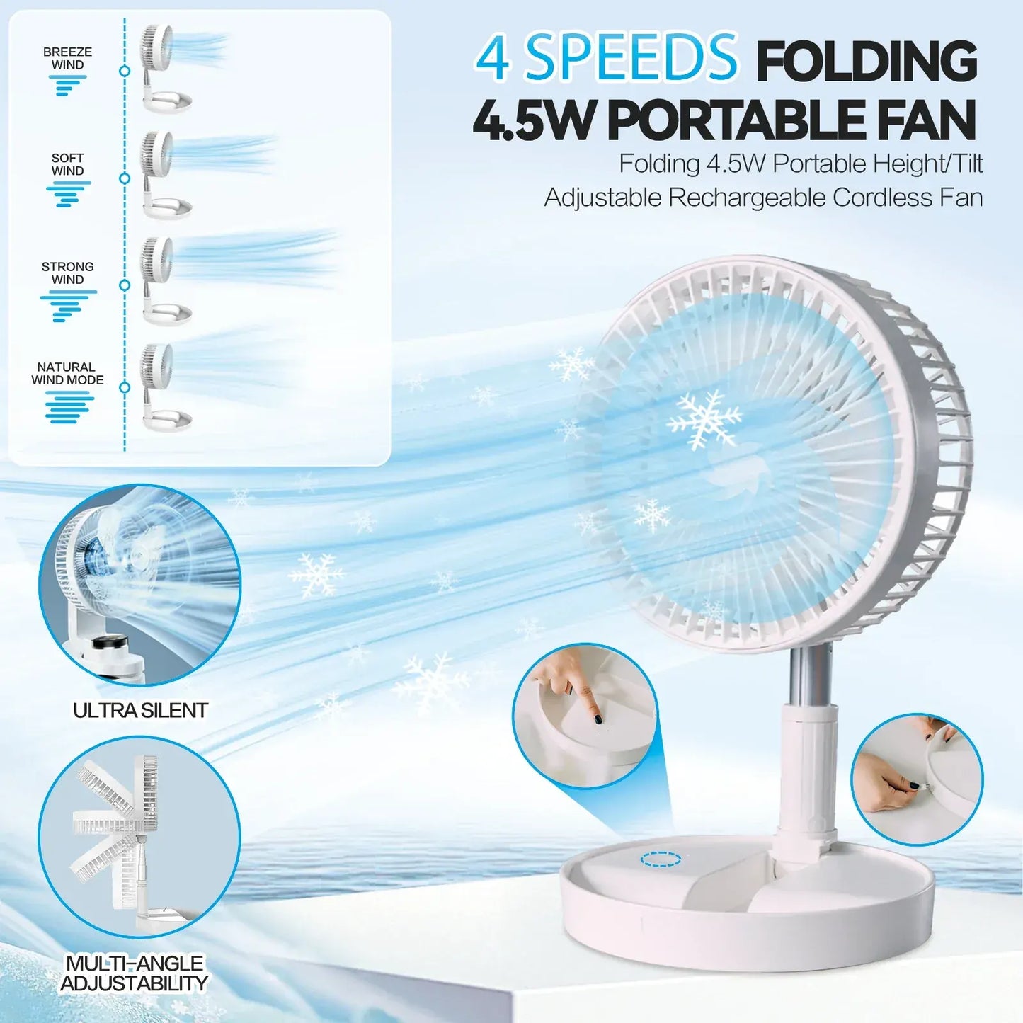 Folding Telescopic 4.5W Portable Height/Tilt Adjustable Rechargeable Cordless Fan - Image 2