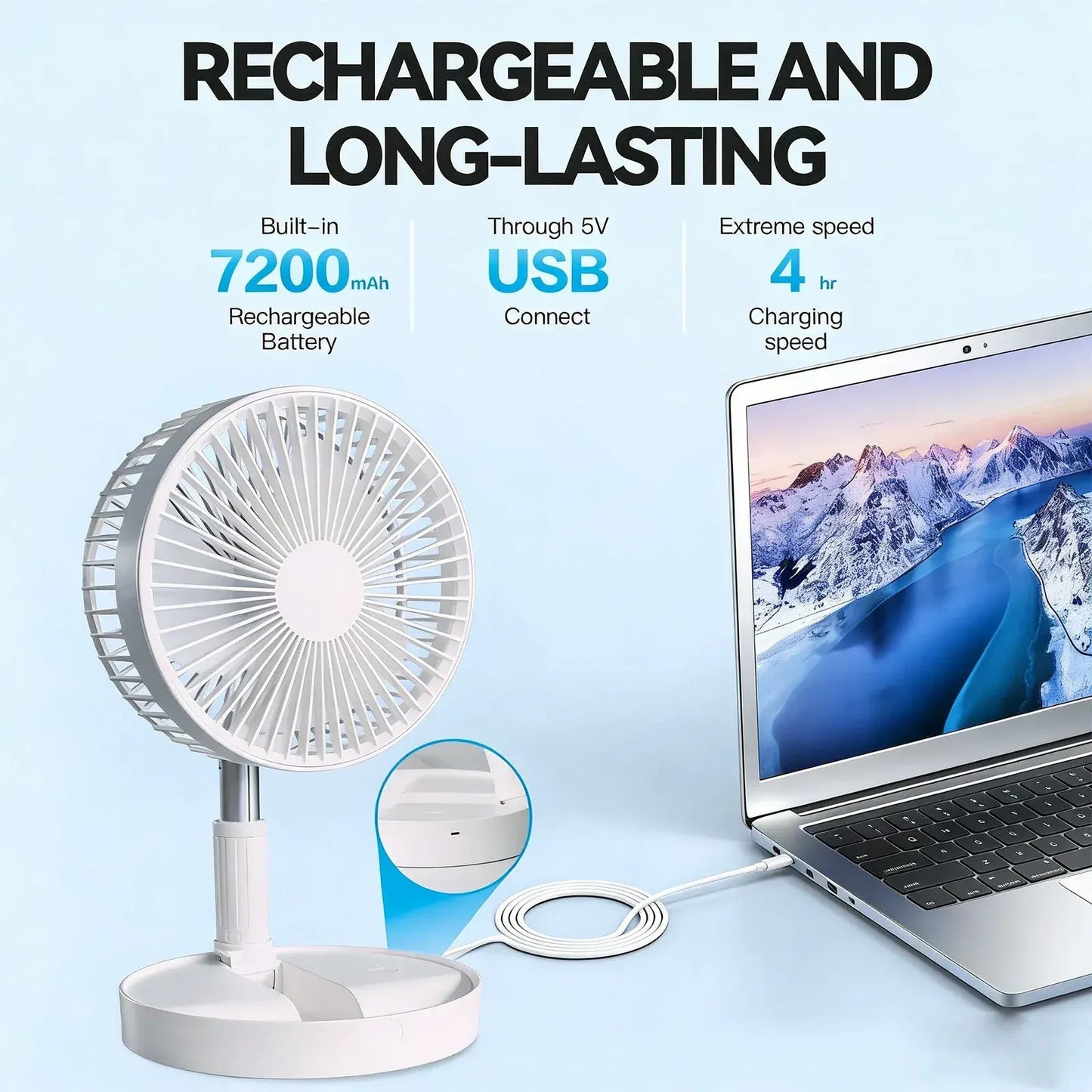 Folding Telescopic 4.5W Portable Height/Tilt Adjustable Rechargeable Cordless Fan - Image 3