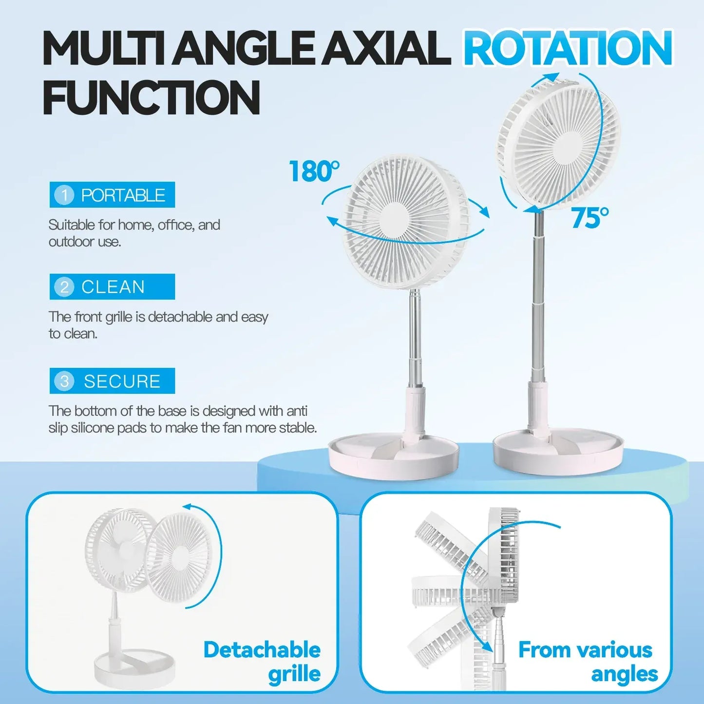 Folding Telescopic 4.5W Portable Height/Tilt Adjustable Rechargeable Cordless Fan - Image 4