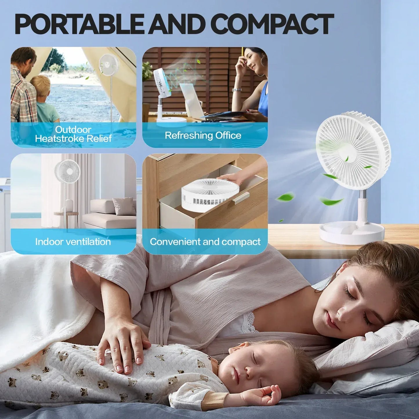 Folding Telescopic 4.5W Portable Height/Tilt Adjustable Rechargeable Cordless Fan - Image 5