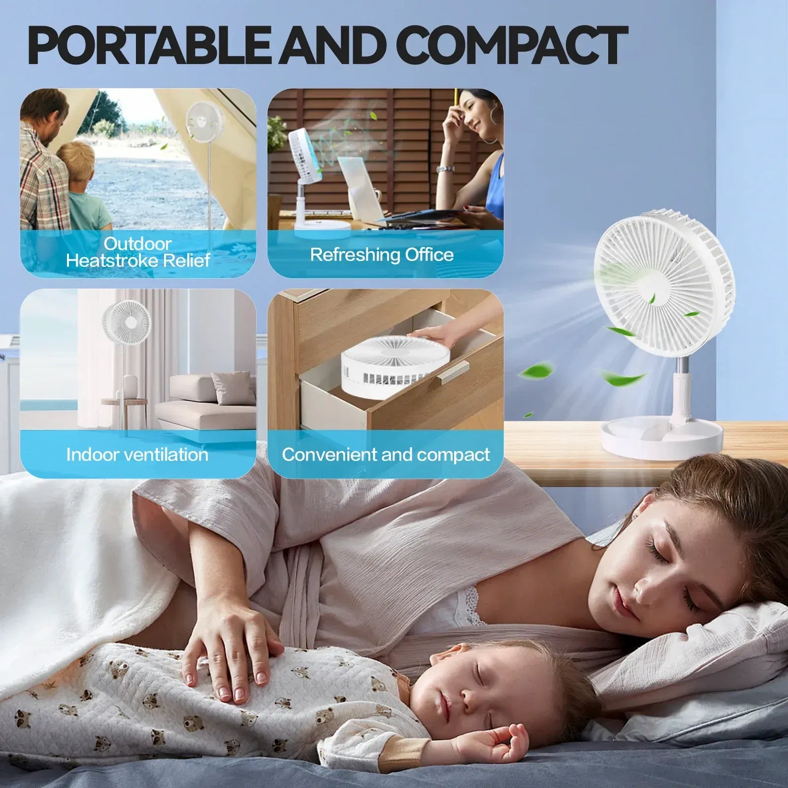 Folding Telescopic 4.5W Portable Height/Tilt Adjustable Rechargeable Cordless Fan - Image 5
