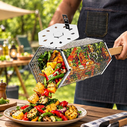 2Pcs Rolling Grill Basket with Removable Handle, 304 Stainless Steel BBQ Grilling Basket for Vegetables, Fish, Shrimp & Meat, Rotating Barbecue Cooking Basket for Outdoor Camping, Picnic & Backyard Grill - Image 8