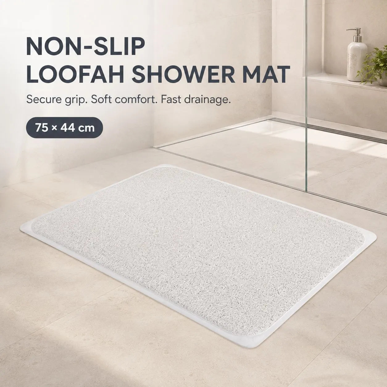 2 Pack Non-Slip Loofah Shower Mats 75x44cm Bathroom Bath Mat Machine Washable with Suction Caps Quick Drain - Image 2