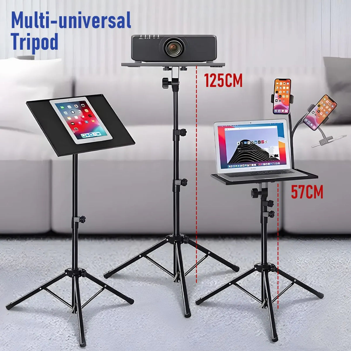Adjustable Projector Stand with 360° Phone Holder, 57–125cm Folding Tripod Floor Stand for Laptop, Tablet & Projector - Image 2