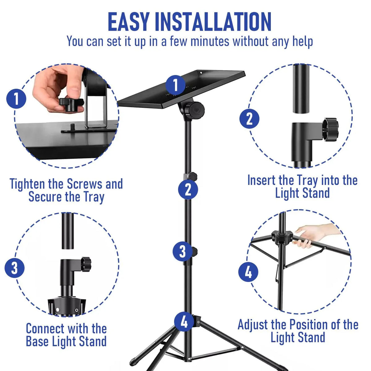 Adjustable Projector Stand with 360° Phone Holder, 57–125cm Folding Tripod Floor Stand for Laptop, Tablet & Projector - Image 3