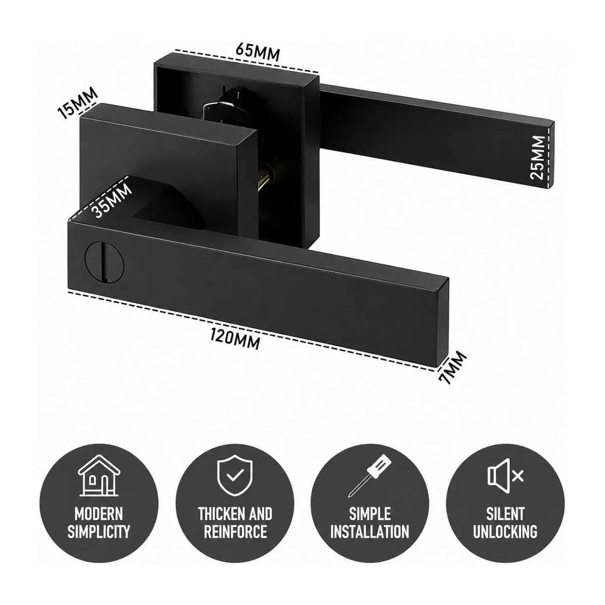 Matte Black Keyless Privacy Door Lever Handle, Heavy Duty Interior Door Lockset, Adjustable 60/70mm Backset, Reversible for Bedroom Bathroom Home Office - Image 2