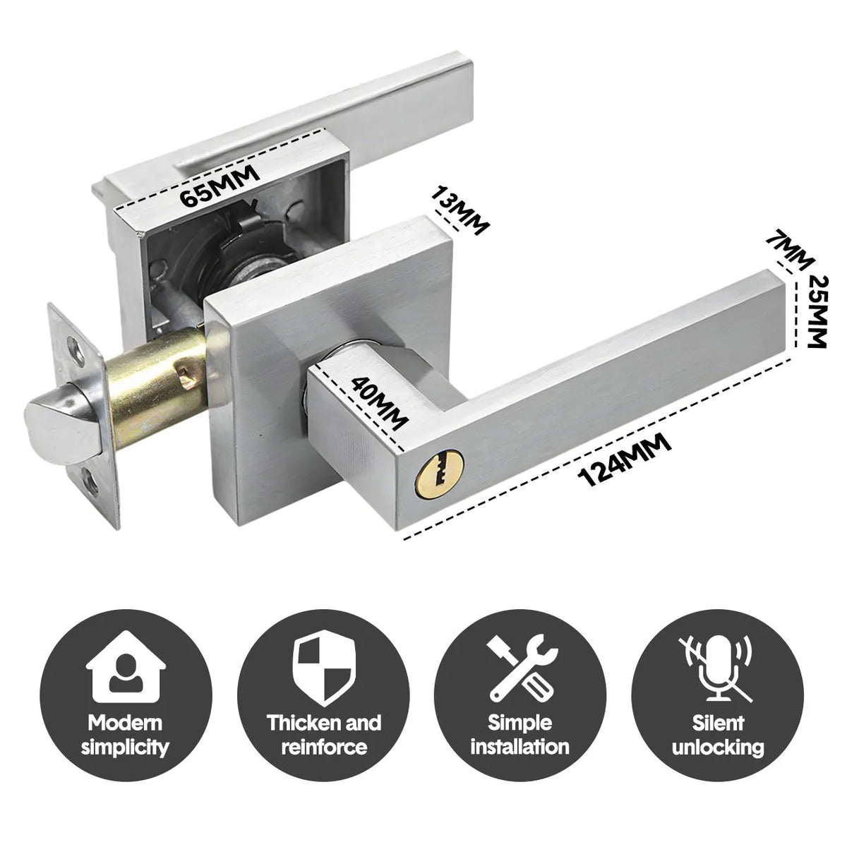 Privacy Door Lever Handle with Key, Heavy Duty Interior Door Lock, Adjustable Latch-Silver - Image 2