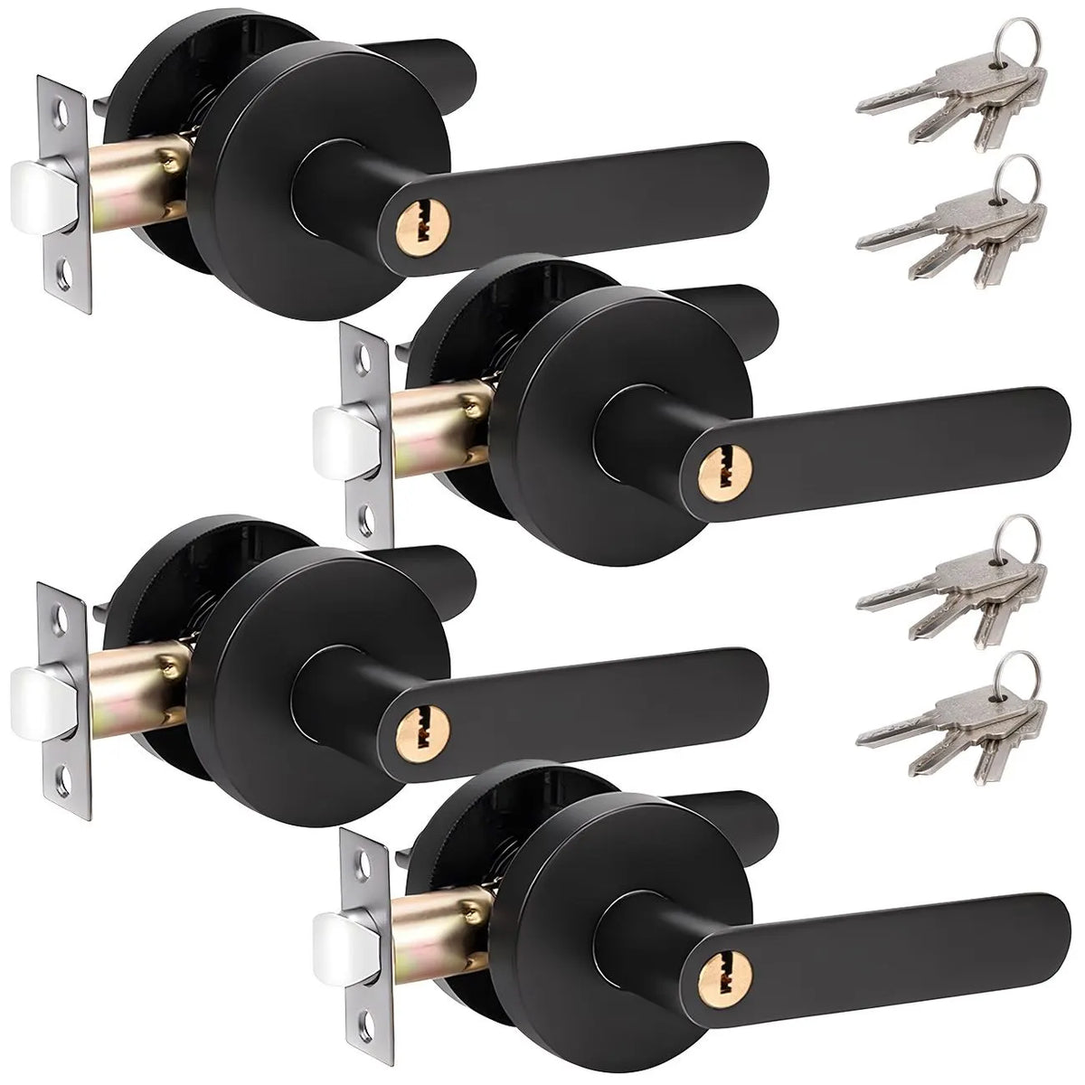 Privacy Door Lever Handle with Key, Heavy Duty Interior Door Lock, Round Design, 4 Pack, Matte Black