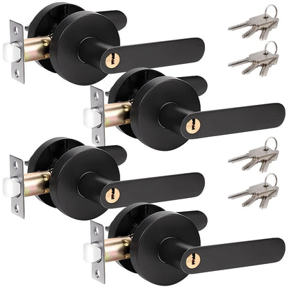 Privacy Door Lever Handle with Key, Heavy Duty Interior Door Lock, Round Design, 4 Pack, Matte Black