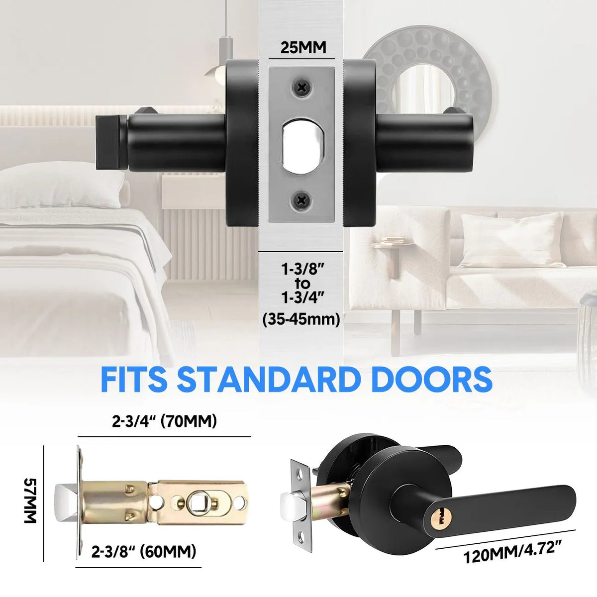 Privacy Door Lever Handle with Key, Heavy Duty Interior Door Lock, Round Design, 4 Pack, Matte Black - Image 2
