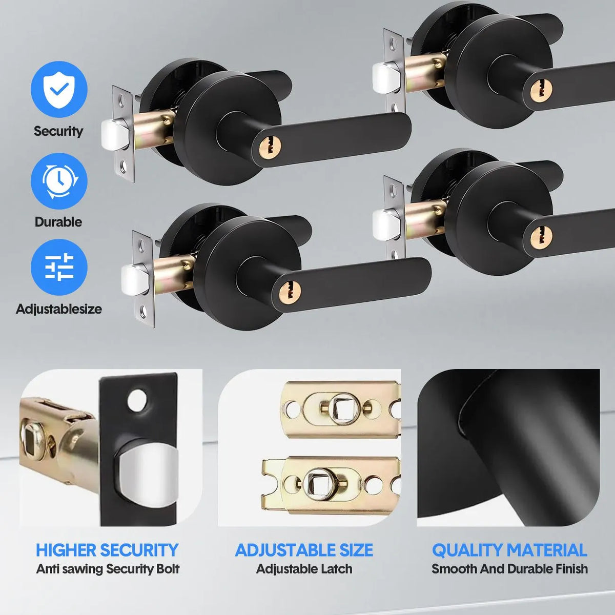 Privacy Door Lever Handle with Key, Heavy Duty Interior Door Lock, Round Design, 4 Pack, Matte Black - Image 5