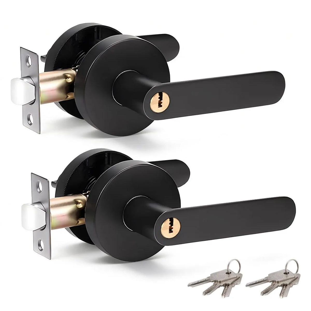2 Pack Privacy Door Lever Handle with Key, Heavy Duty Interior Door Lock, Round Design, Matte Black
