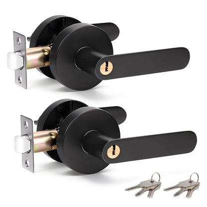 2 Pack Privacy Door Lever Handle with Key, Heavy Duty Interior Door Lock, Round Design, Matte Black